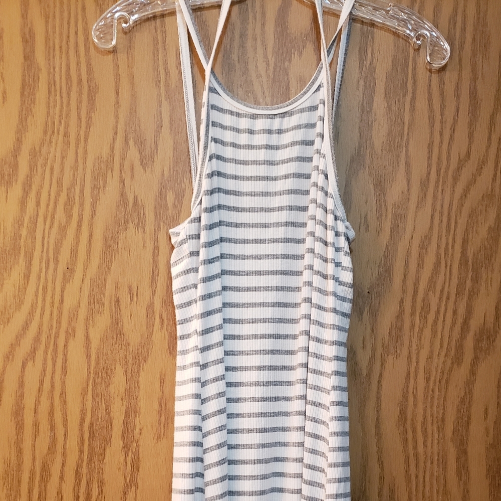 Very cute gray and white strappy sun dress, tulip bottom, knee length.